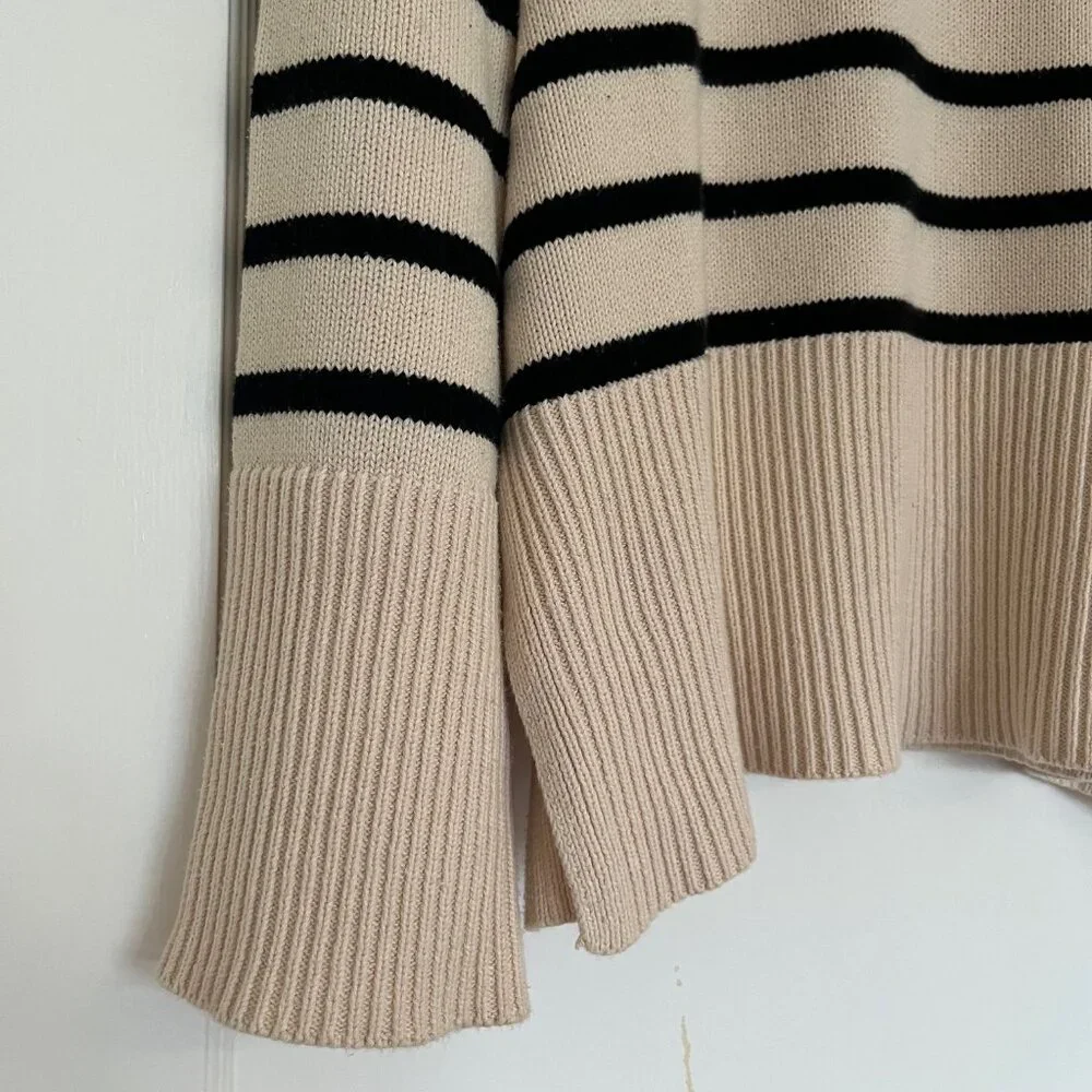 100% Cotton Cream and Black Striped Sweater with Split Hem | Size S/M - Picture 4 of 5